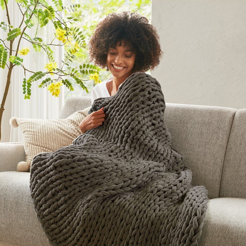 Madison Park Chunky Double Knit Handmade Throw Blanket - Charcoal - Quahog Bay Bedding
