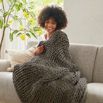 Madison Park Chunky Double Knit Handmade Throw Blanket - Charcoal - Quahog Bay Bedding