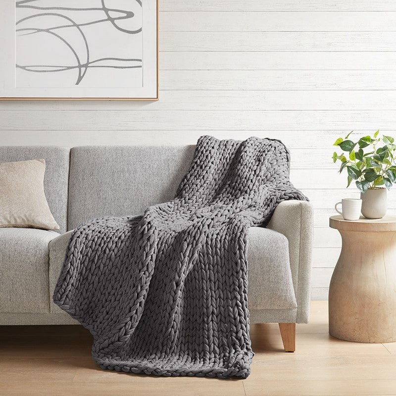 Madison Park Chunky Double Knit Handmade Throw Blanket - Charcoal - Quahog Bay Bedding