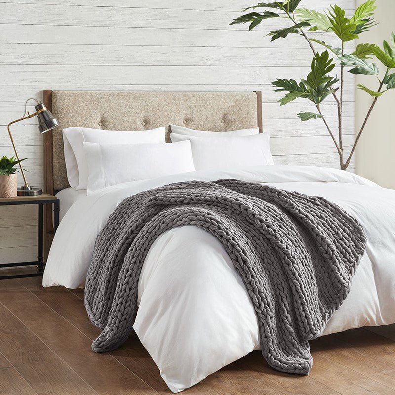 Madison Park Chunky Double Knit Handmade Throw Blanket - Charcoal - Quahog Bay Bedding
