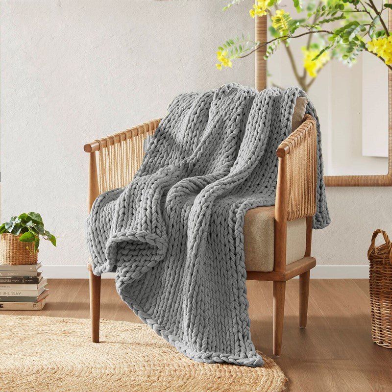 Madison Park Chunky Double Knit Handmade Throw Blanket - Grey - Quahog Bay Bedding