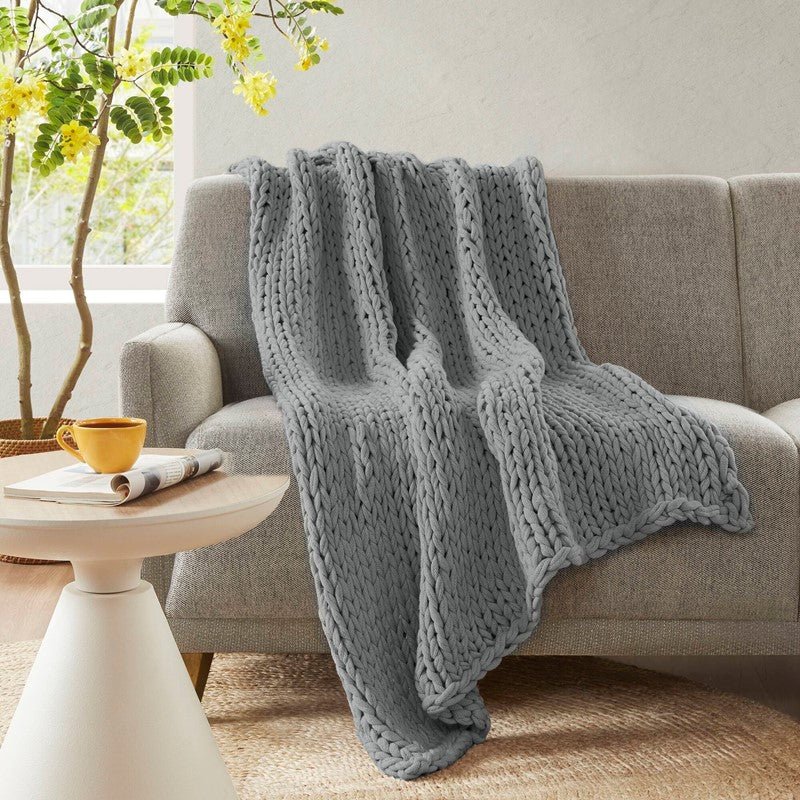 Madison Park Chunky Double Knit Handmade Throw Blanket - Grey - Quahog Bay Bedding