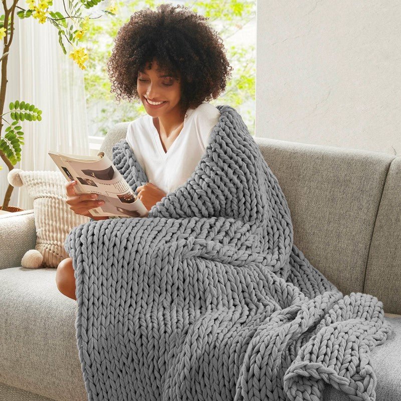 Madison Park Chunky Double Knit Handmade Throw Blanket - Grey - Quahog Bay Bedding