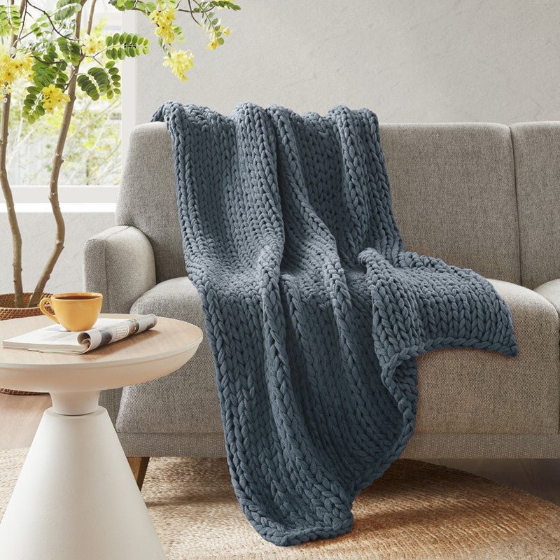 Madison Park Chunky Double Knit Handmade Throw Blanket - Indigo - Quahog Bay Bedding