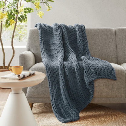 Madison Park Chunky Double Knit Handmade Throw Blanket - Indigo - Quahog Bay Bedding