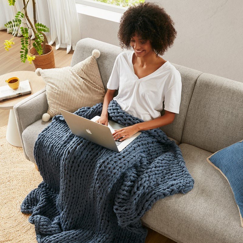 Madison Park Chunky Double Knit Handmade Throw Blanket - Indigo - Quahog Bay Bedding