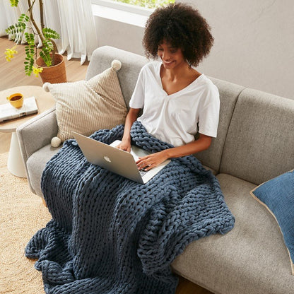 Madison Park Chunky Double Knit Handmade Throw Blanket - Indigo - Quahog Bay Bedding