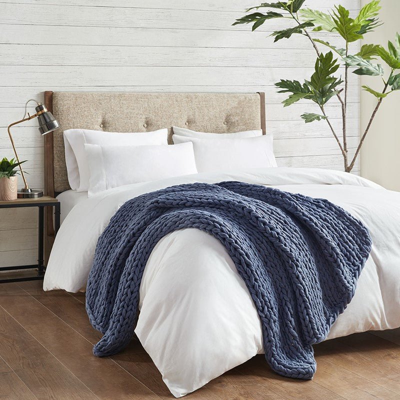 Madison Park Chunky Double Knit Handmade Throw Blanket - Indigo - Quahog Bay Bedding