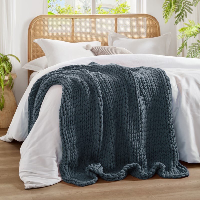 Madison Park Chunky Double Knit Handmade Throw Blanket - Indigo - Quahog Bay Bedding