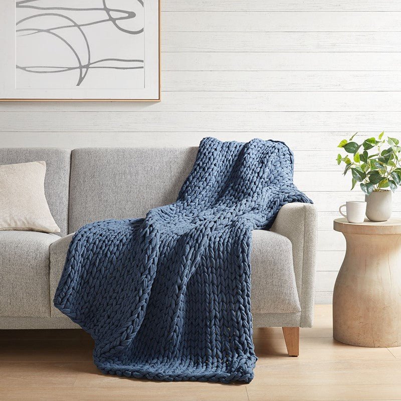 Madison Park Chunky Double Knit Handmade Throw Blanket - Indigo - Quahog Bay Bedding