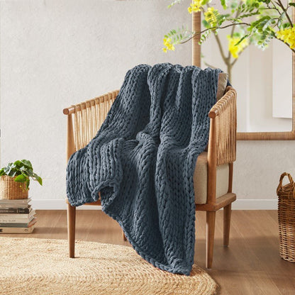 Madison Park Chunky Double Knit Handmade Throw Blanket - Indigo - Quahog Bay Bedding