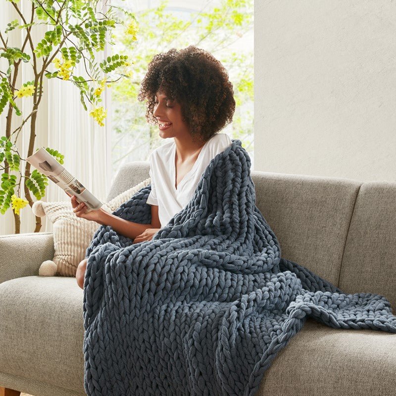 Madison Park Chunky Double Knit Handmade Throw Blanket - Indigo - Quahog Bay Bedding