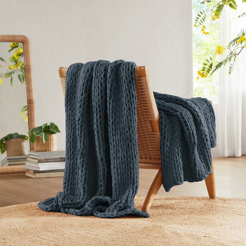 Madison Park Chunky Double Knit Handmade Throw Blanket - Indigo - Quahog Bay Bedding