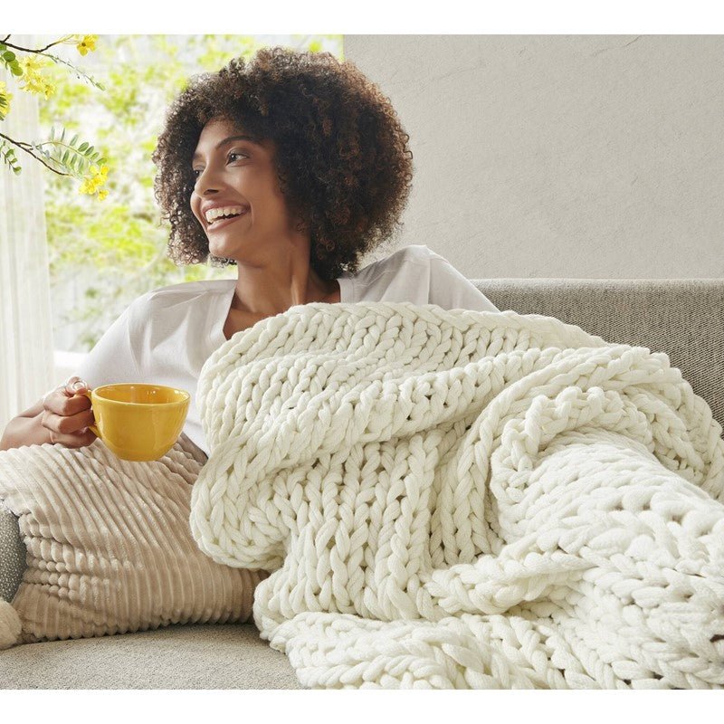 Madison Park Chunky Double Knit Handmade Throw Blanket - Ivory - Quahog Bay Bedding