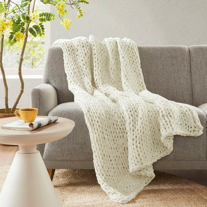Madison Park Chunky Double Knit Handmade Throw Blanket - Ivory - Quahog Bay Bedding