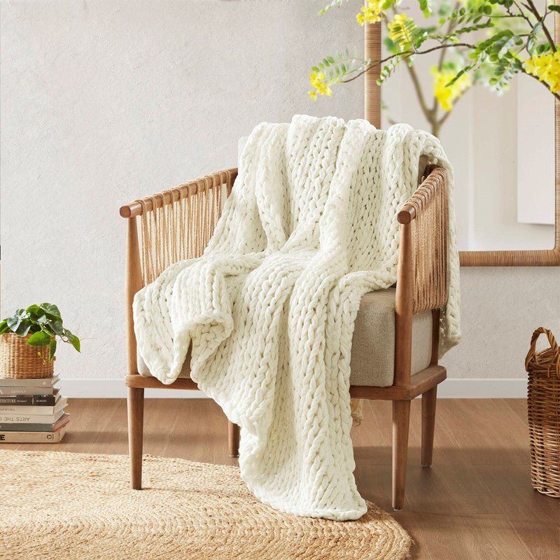Madison Park Chunky Double Knit Handmade Throw Blanket - Ivory - Quahog Bay Bedding