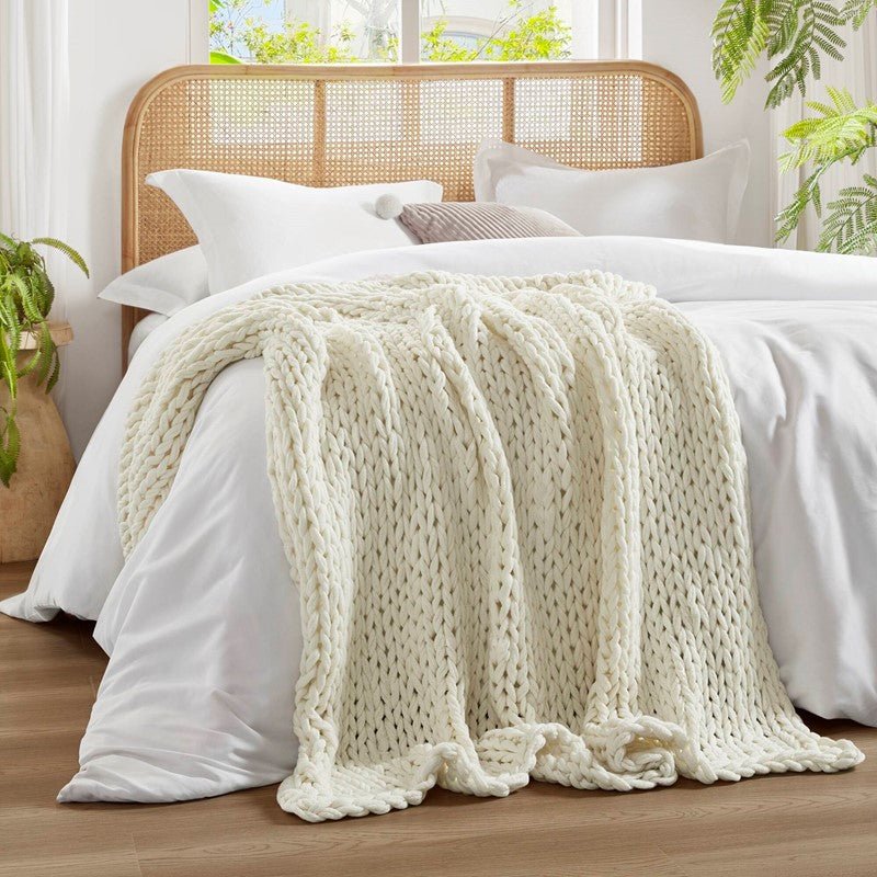 Madison Park Chunky Double Knit Handmade Throw Blanket - Ivory - Quahog Bay Bedding