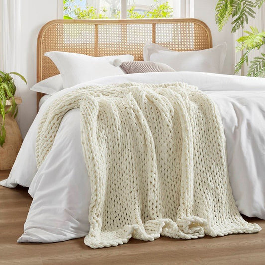 Madison Park Chunky Double Knit Handmade Throw Blanket - Ivory - Quahog Bay Bedding