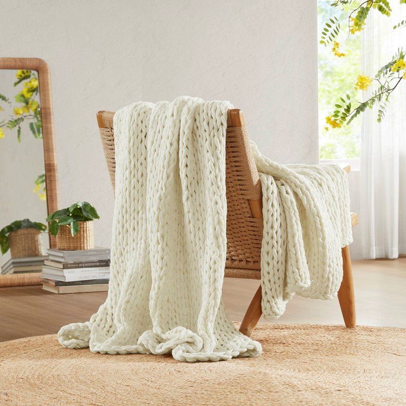 Madison Park Chunky Double Knit Handmade Throw Blanket - Ivory - Quahog Bay Bedding