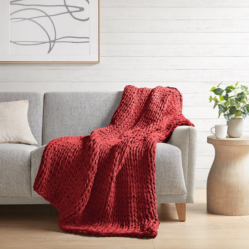 Madison Park Chunky Double Knit Handmade Throw Blanket - Red - Quahog Bay Bedding