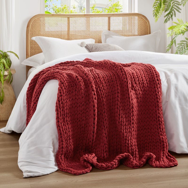 Madison Park Chunky Double Knit Handmade Throw Blanket - Red - Quahog Bay Bedding