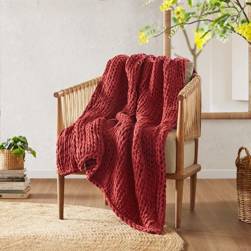 Madison Park Chunky Double Knit Handmade Throw Blanket - Red - Quahog Bay Bedding