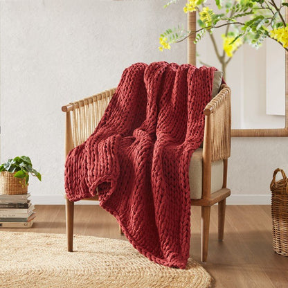Madison Park Chunky Double Knit Handmade Throw Blanket - Red - Quahog Bay Bedding