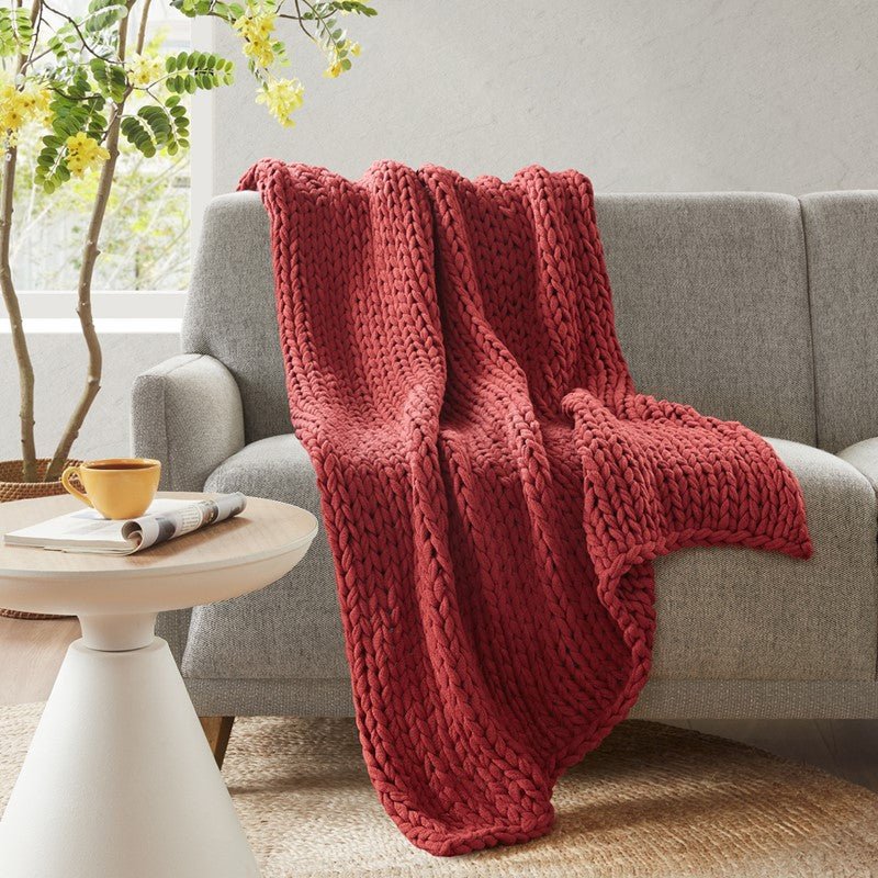 Madison Park Chunky Double Knit Handmade Throw Blanket - Red - Quahog Bay Bedding