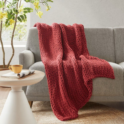 Madison Park Chunky Double Knit Handmade Throw Blanket - Red - Quahog Bay Bedding