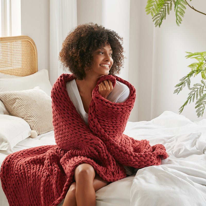 Madison Park Chunky Double Knit Handmade Throw Blanket - Red - Quahog Bay Bedding