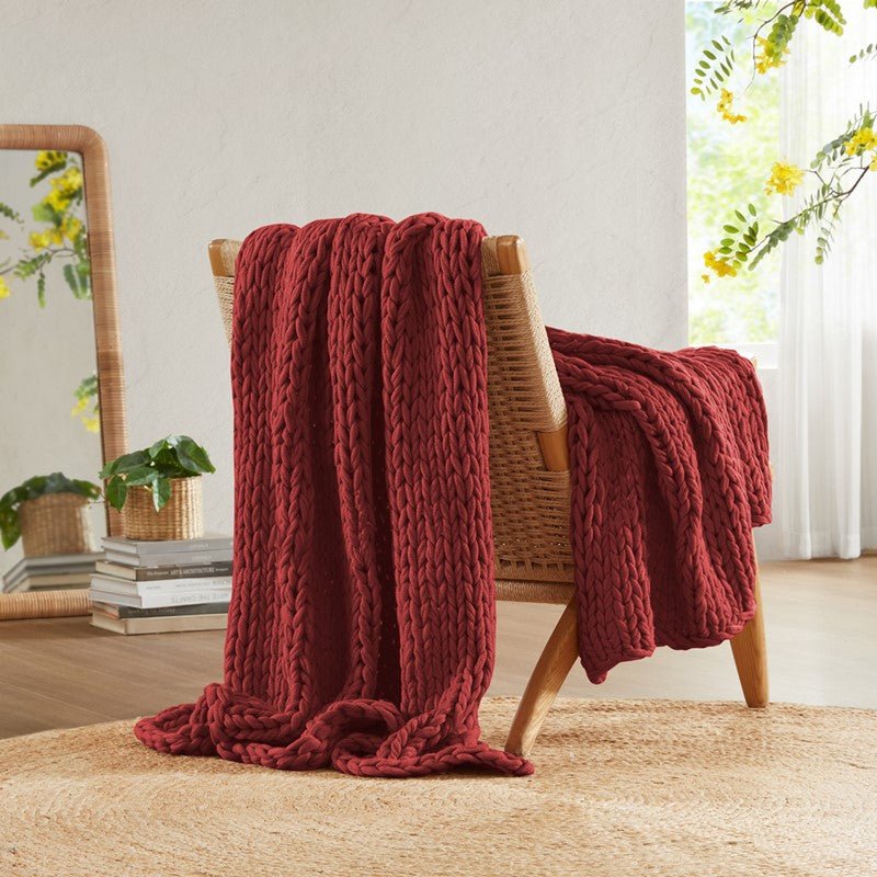 Madison Park Chunky Double Knit Handmade Throw Blanket - Red - Quahog Bay Bedding