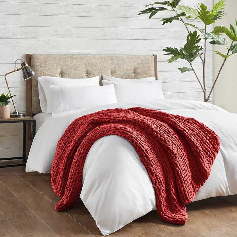 Madison Park Chunky Double Knit Handmade Throw Blanket - Red - Quahog Bay Bedding