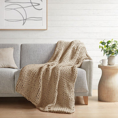 Madison Park Chunky Double Knit Handmade Throw Blanket - Tan - Quahog Bay Bedding