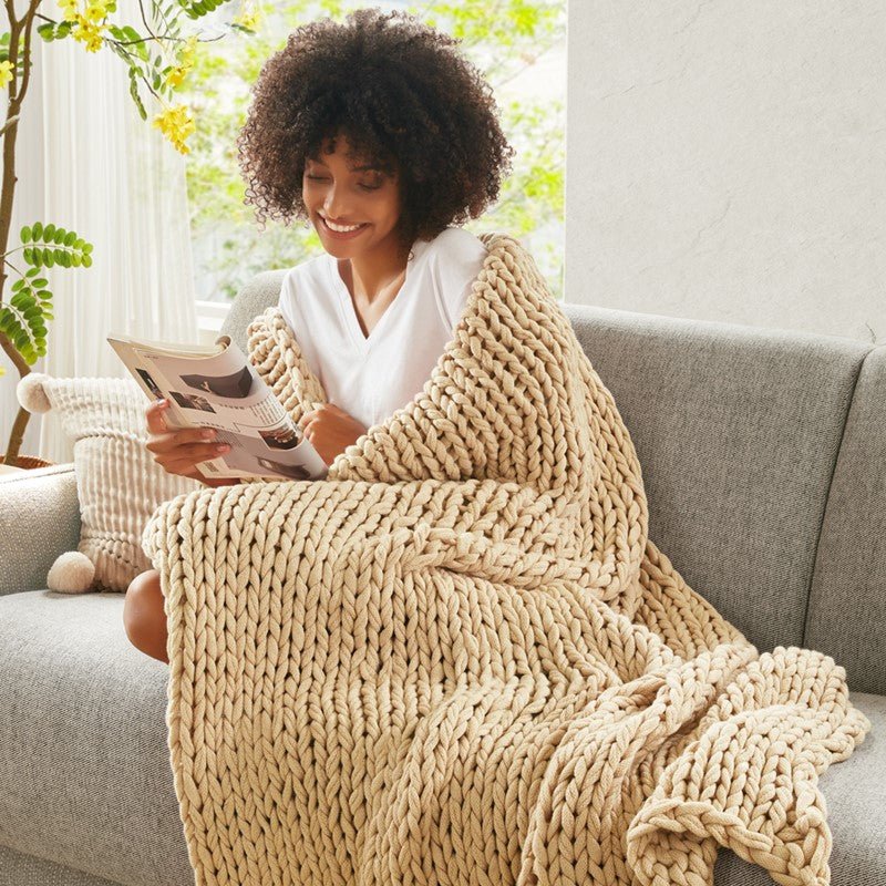 Madison Park Chunky Double Knit Handmade Throw Blanket - Tan - Quahog Bay Bedding