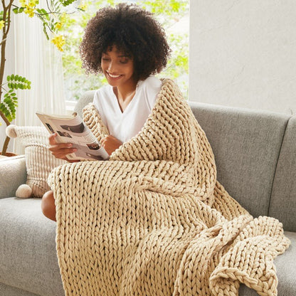 Madison Park Chunky Double Knit Handmade Throw Blanket - Tan - Quahog Bay Bedding