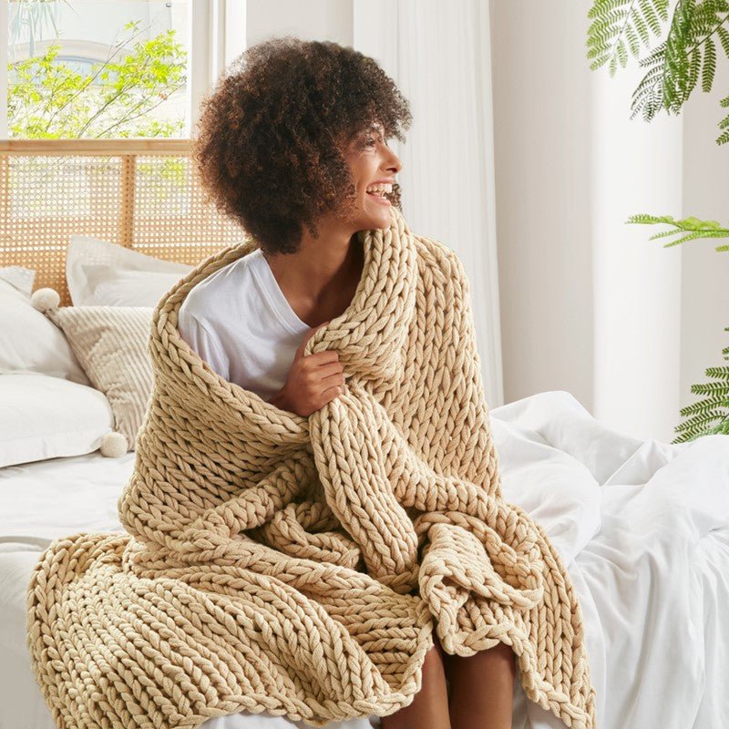 Madison Park Chunky Double Knit Handmade Throw Blanket - Tan - Quahog Bay Bedding