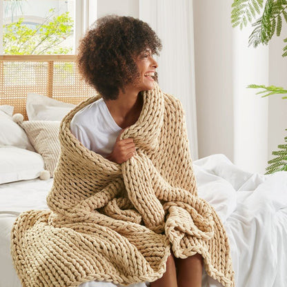 Madison Park Chunky Double Knit Handmade Throw Blanket - Tan - Quahog Bay Bedding