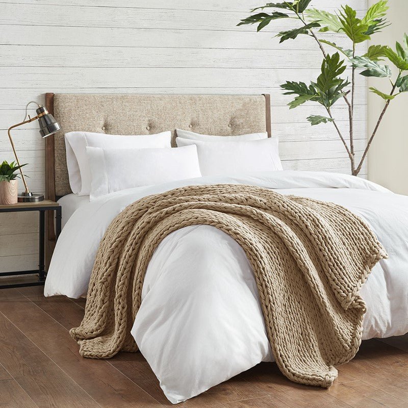 Madison Park Chunky Double Knit Handmade Throw Blanket - Tan - Quahog Bay Bedding