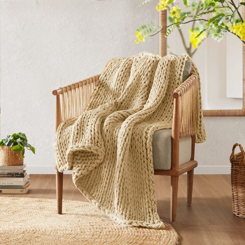 Madison Park Chunky Double Knit Handmade Throw Blanket - Tan - Quahog Bay Bedding