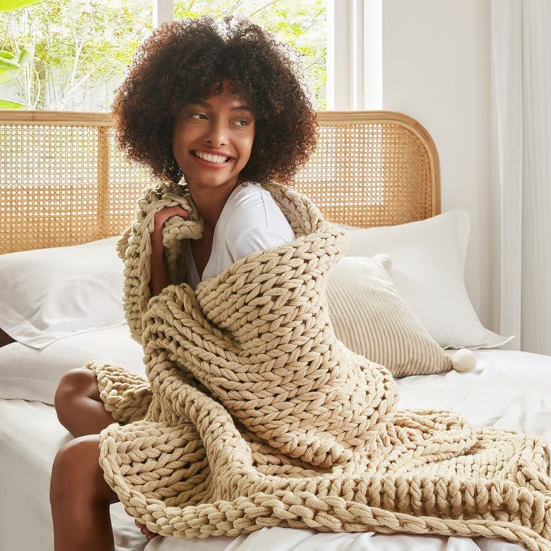 Madison Park Chunky Double Knit Handmade Throw Blanket - Tan - Quahog Bay Bedding