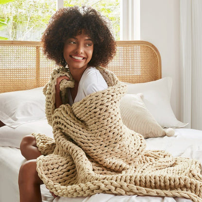 Madison Park Chunky Double Knit Handmade Throw Blanket - Tan - Quahog Bay Bedding