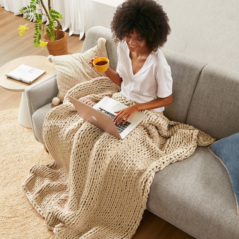 Madison Park Chunky Double Knit Handmade Throw Blanket - Tan - Quahog Bay Bedding
