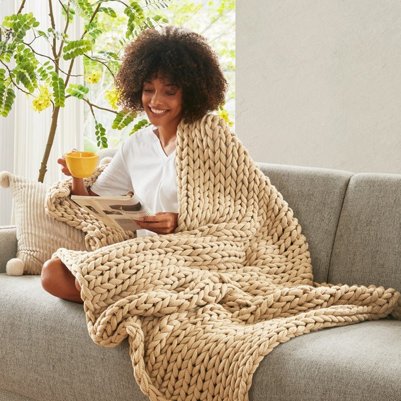 Madison Park Chunky Double Knit Handmade Throw Blanket - Tan - Quahog Bay Bedding