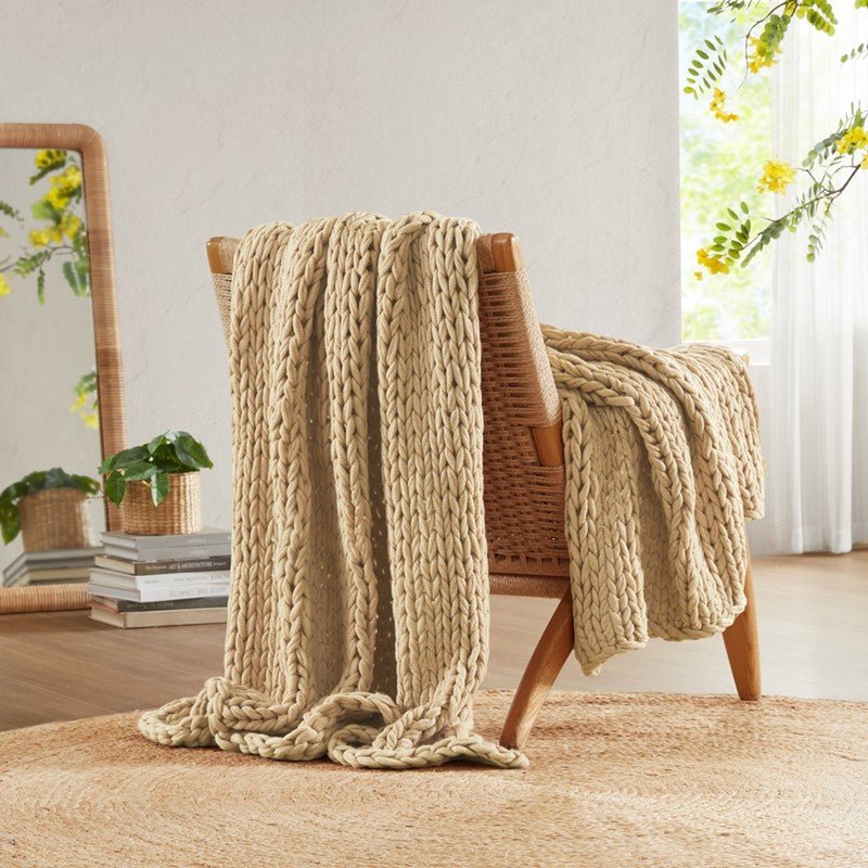 Madison Park Chunky Double Knit Handmade Throw Blanket - Tan - Quahog Bay Bedding
