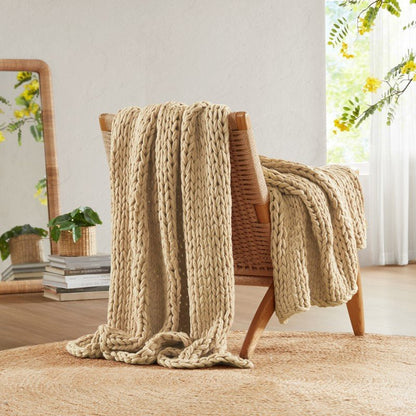 Madison Park Chunky Double Knit Handmade Throw Blanket - Tan - Quahog Bay Bedding