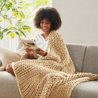 Madison Park Chunky Double Knit Handmade Throw Blanket - Tan - Quahog Bay Bedding