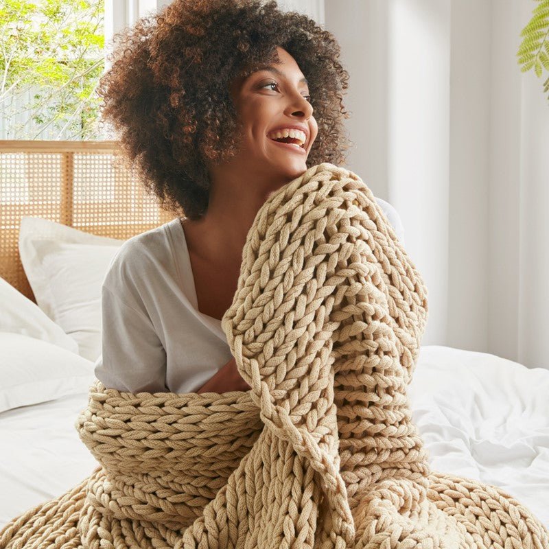 Madison Park Chunky Double Knit Handmade Throw Blanket - Tan - Quahog Bay Bedding