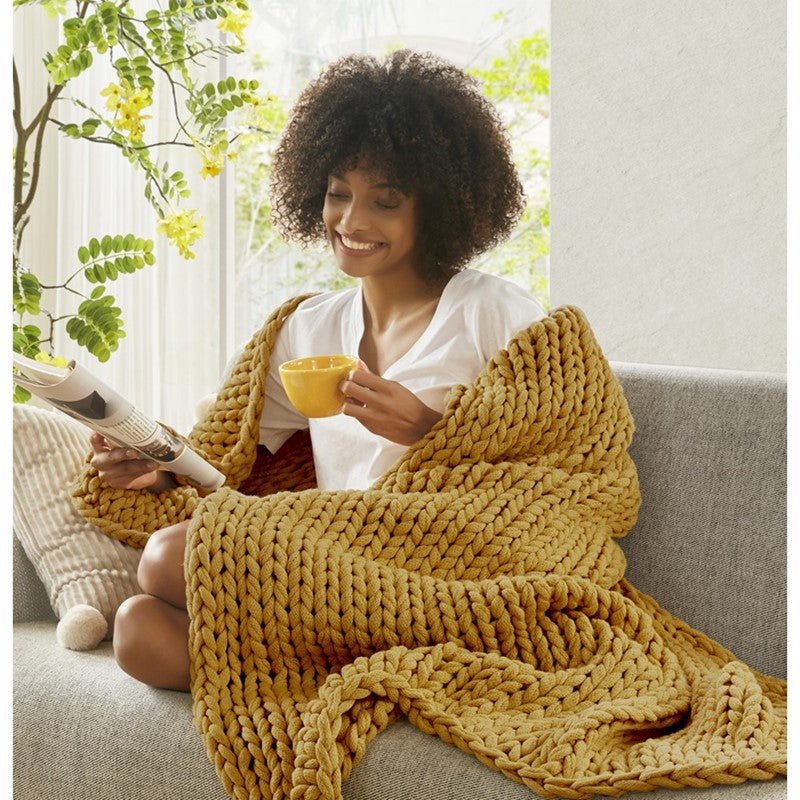 Madison Park Chunky Double Knit Handmade Throw Blanket - Yellow - Quahog Bay Bedding