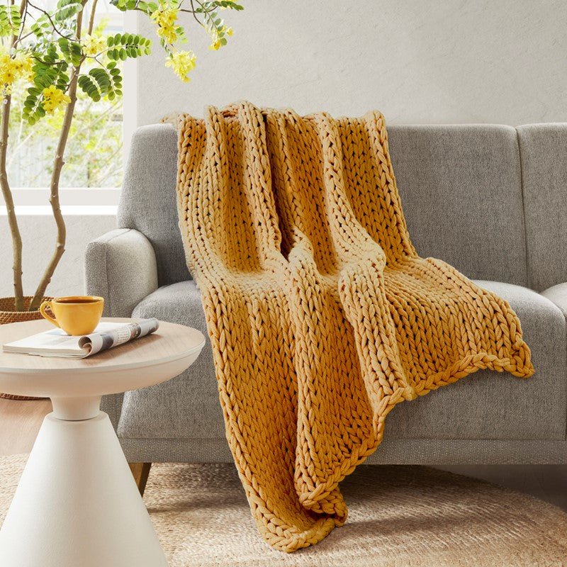 Madison Park Chunky Double Knit Handmade Throw Blanket - Yellow - Quahog Bay Bedding
