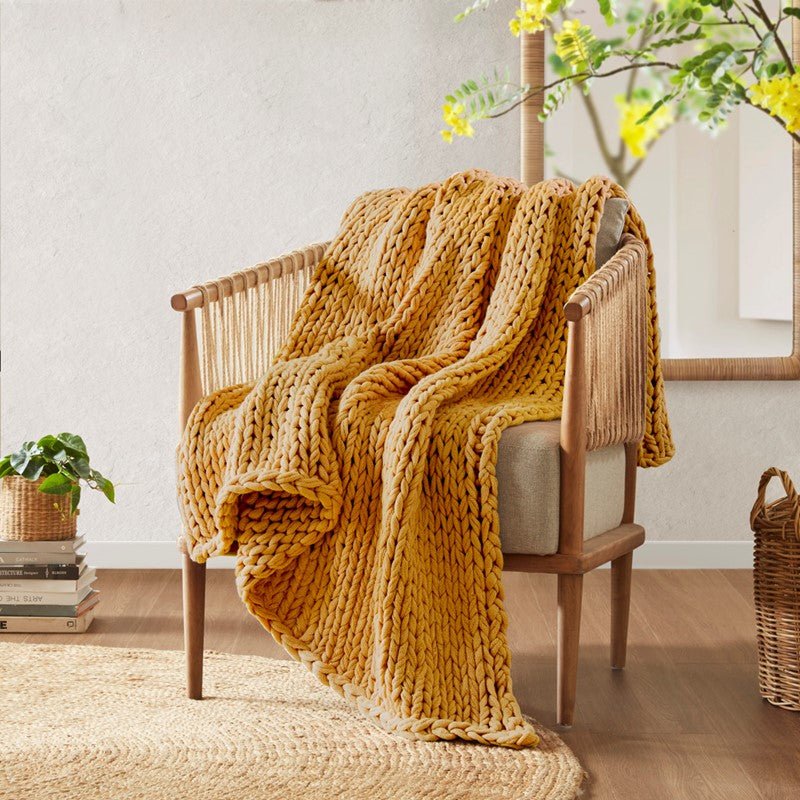 Madison Park Chunky Double Knit Handmade Throw Blanket - Yellow - Quahog Bay Bedding